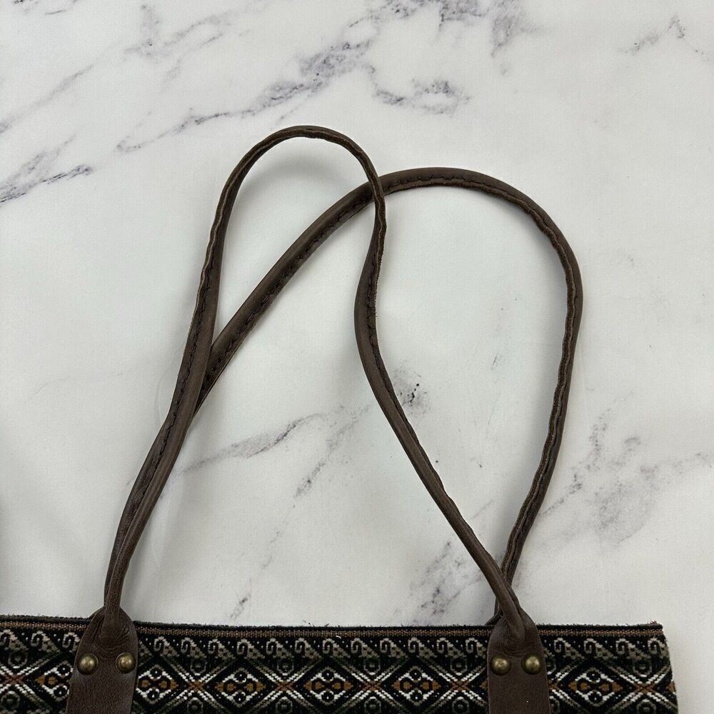 Unbranded Leather Tote Shoulder Bag Purse Dark Brown Woven Boho Trim Large - Picture 8 of 12